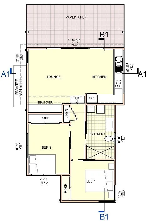 Floor plan of a house with labeled areas including lounge, kitchen, two bedrooms, bathroom, linen closet, and paved yard.