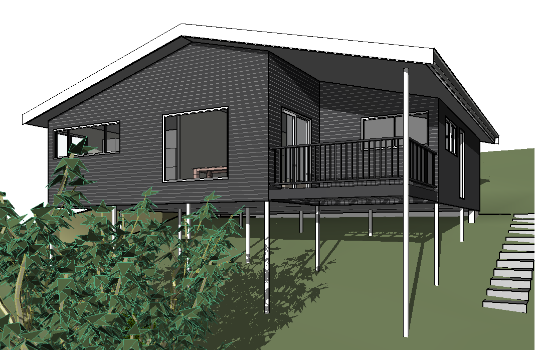 3D rendering of a dark gray house elevated on stilts on a green hill with stairs leading up to it, surrounded by shrubbery.