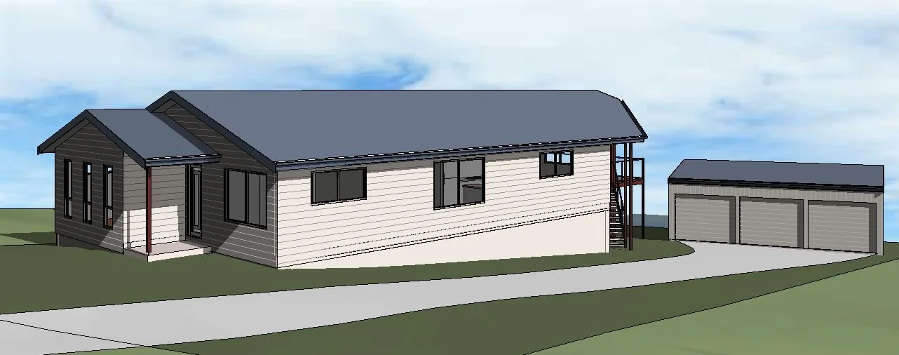 3D rendering of a modern, two-story house with a detached garage, situated on a grassy lot with a curved driveway, under a partly cloudy sky.