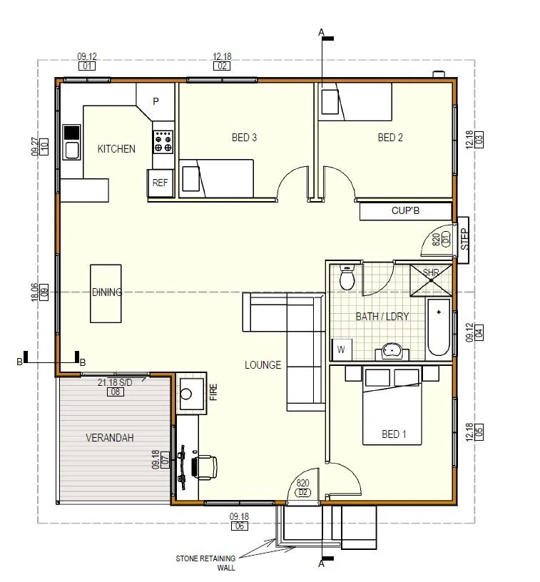 A detailed floor plan of a single-story house including a verandah, three bedrooms, a kitchen, dining area, lounge, bathroom with laundry, and various closets and storage spaces.