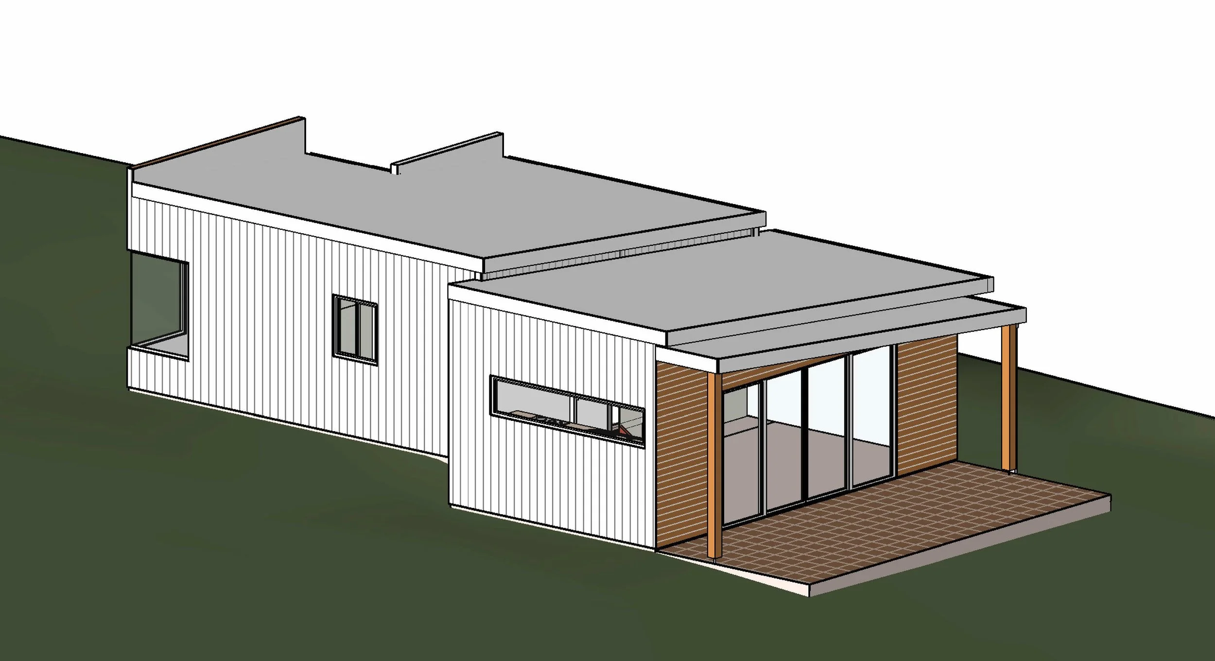 A modern two-story house with white siding, large glass windows, and a small covered patio area with wooden supports and brick flooring.