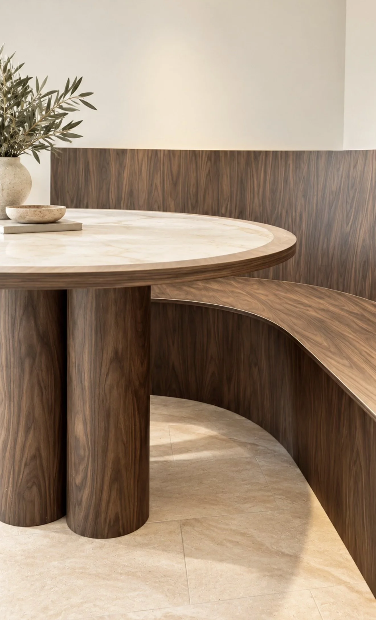 A round table with a white and wood top, surrounded by a curved wood bench with a wood backrest, on a light-colored tiled floor.