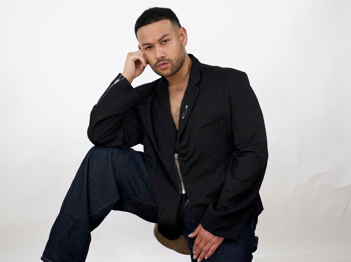A man with short black hair and a beard is sitting against a plain white background, wearing a black jacket and blue jeans, with one knee up and his hand resting on his knee.