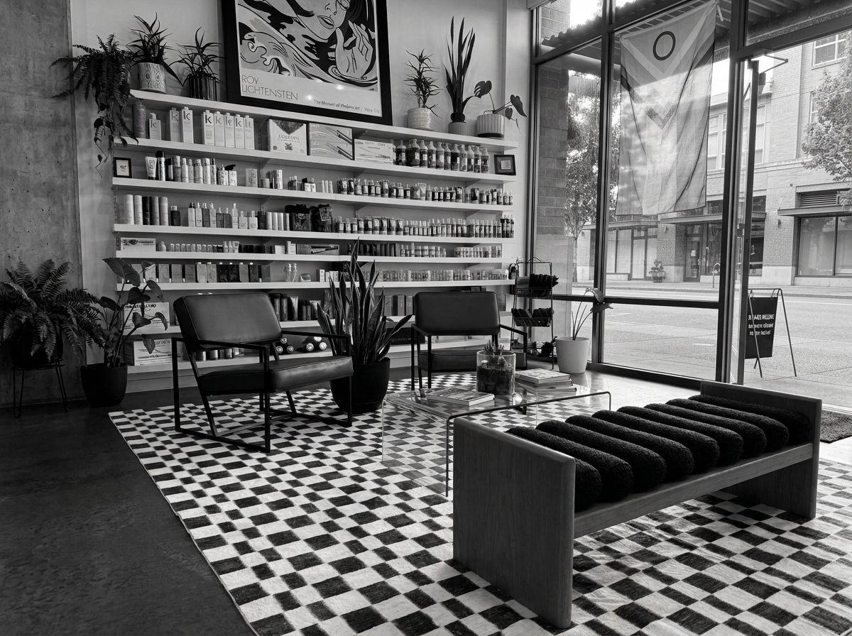 Interior of a modern salon or waiting area with two chairs, a bench with cylindrical cushions, plants, a large window, and shelves with bottles and decorative items, all in black and white.