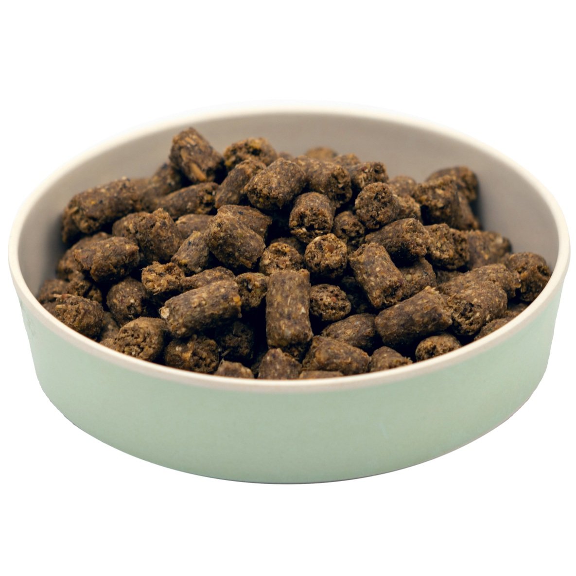 A white bowl filled with small, dark brown dried food pellets.