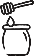 A honey dipper dripping honey into a jar.