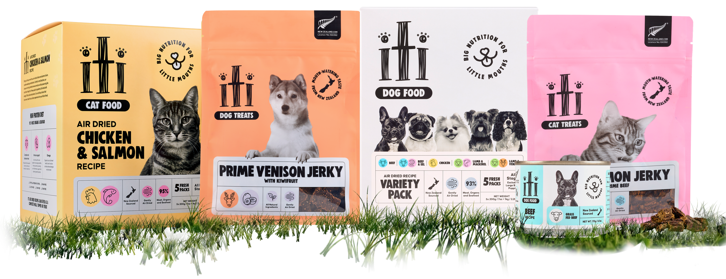 iti air-dried dog food, cat food and dog treats, packs shown on grass. Air dried chicken and salmon for adult cats, venison jerky dog treats.