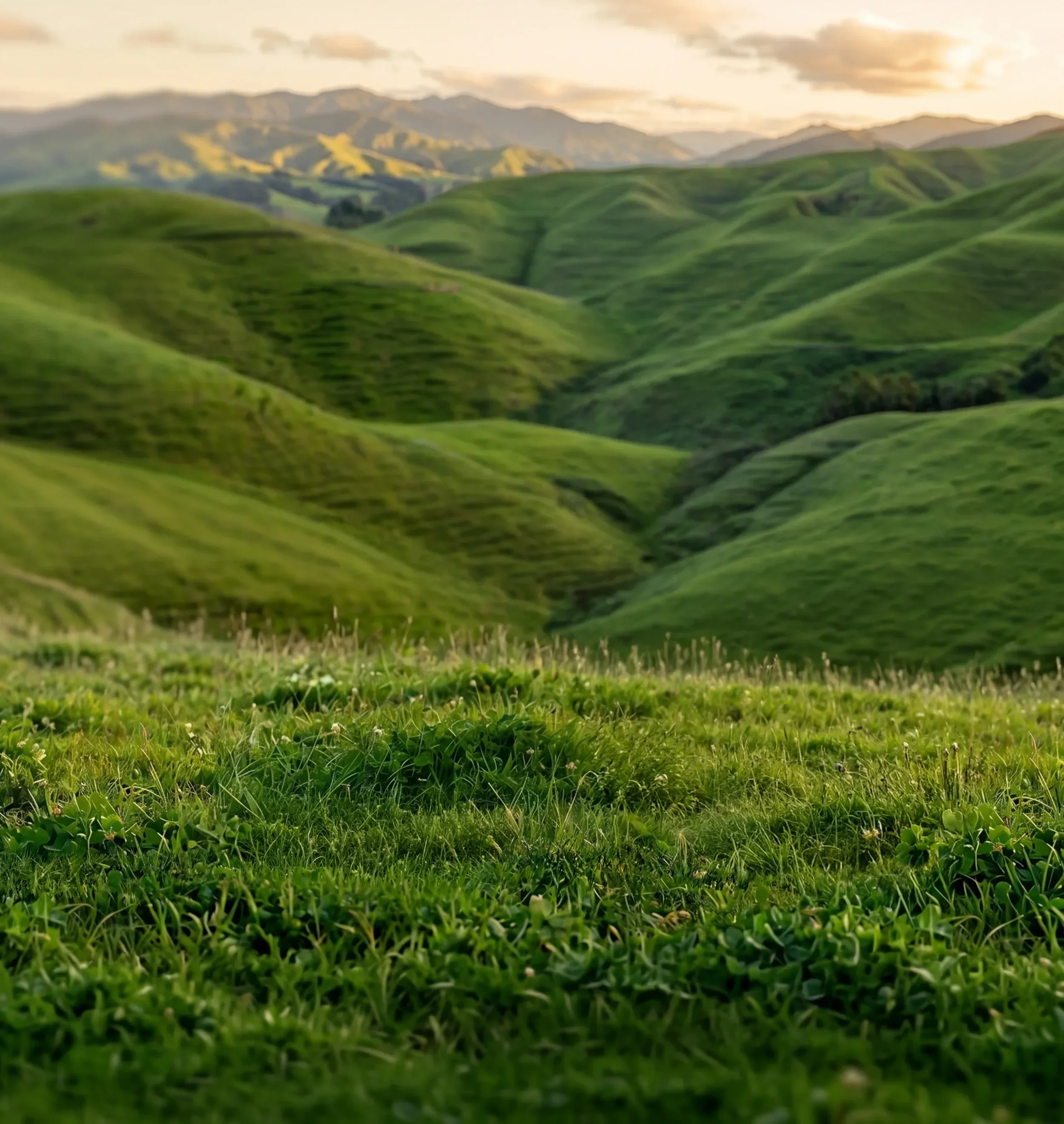 Green rolling hills and mountains in New Zealand under a cloudy sky