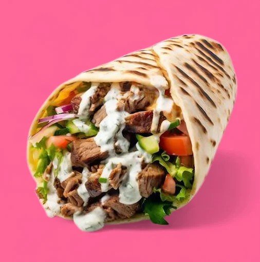 A beef gyro wrap with sliced beef, lettuce, tomatoes, onions, and a white sauce, all inside a grilled flatbread on a pink background.