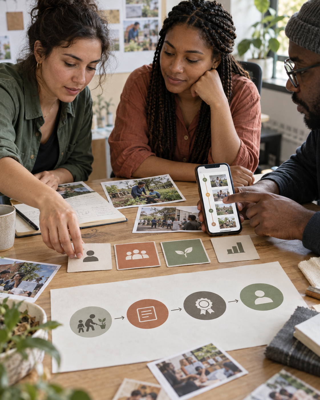 Three people at a table discussing a project with photos, printed materials, and a smartphone showing images. They are planning or collaborating.