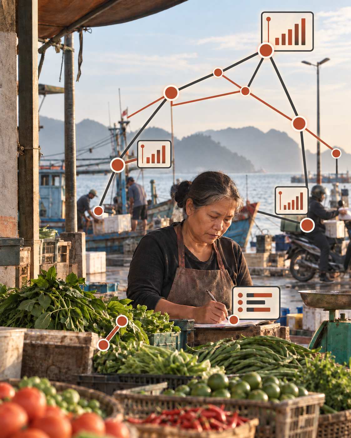 An elderly woman in a market by the water, writing in a notebook with floating graphs and charts overlayed, including bar graphs and line charts indicating market analysis.