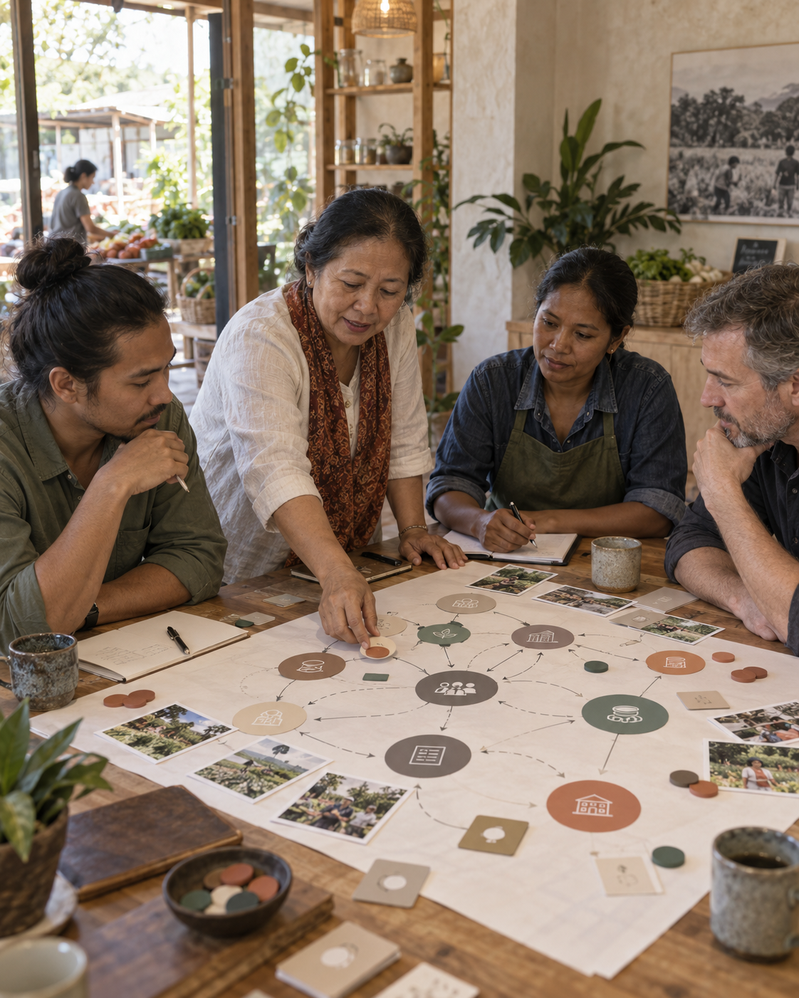 A group of diverse people gathered around a table with a large diagram, photographs, and game pieces, engaged in a collaborative planning session in a cozy, well-lit room with plants and artwork.