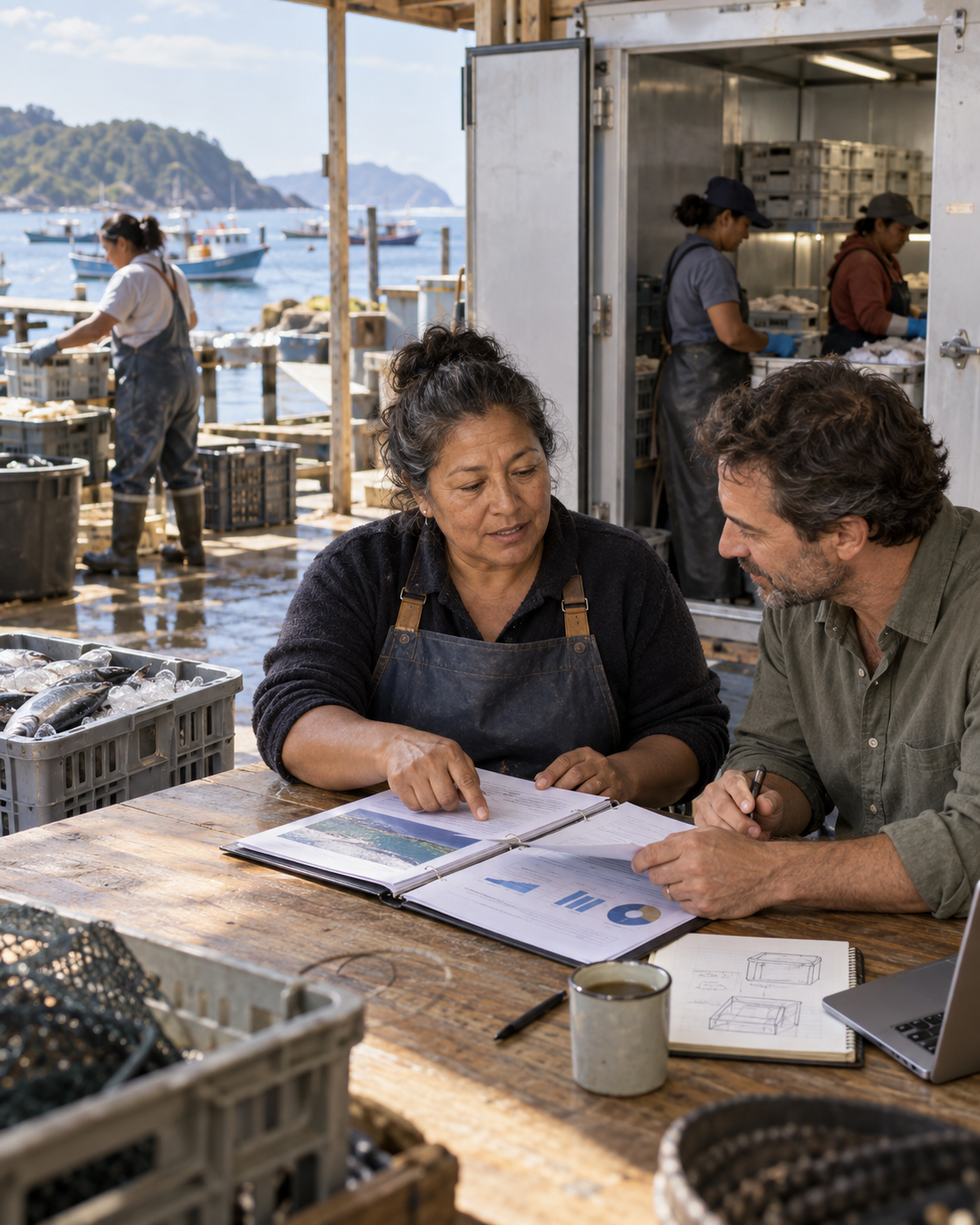 Two people sit at a wooden table near the water, reviewing documents and graphs, with a port full of boats in the background. Fish crates and workers processing seafood are visible around them.