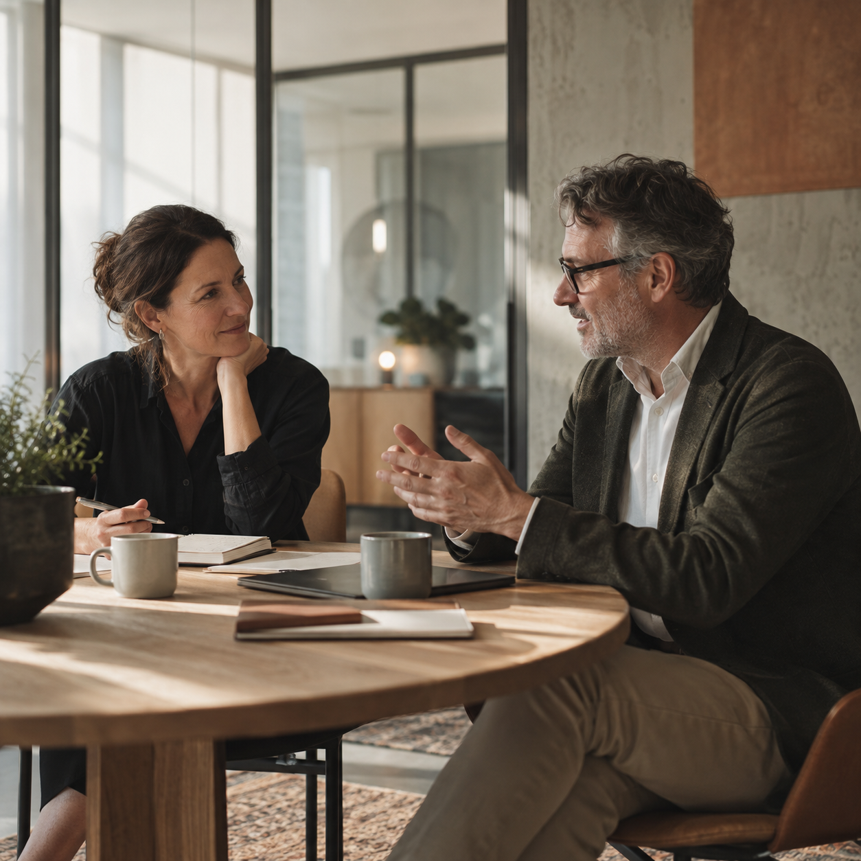 A man and woman having a conversation at a wooden table in a modern office or cafe, with coffee mugs and notebooks on the table.