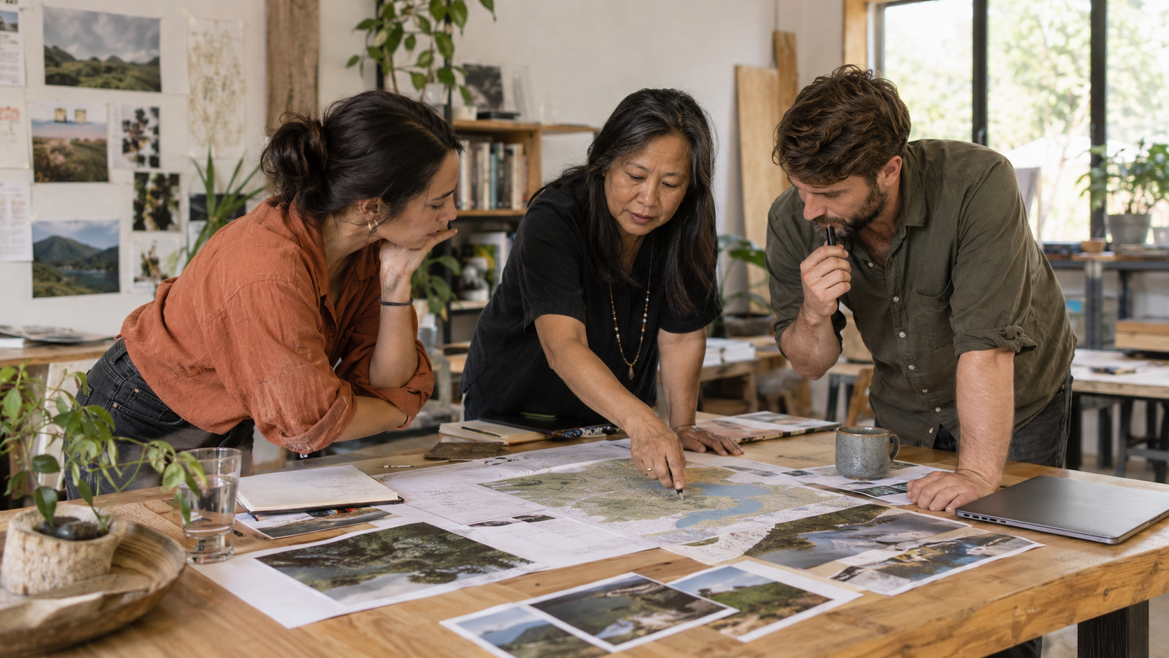 Three people in an art studio examining a large map laid out on a wooden table, surrounded by photographs and artwork.