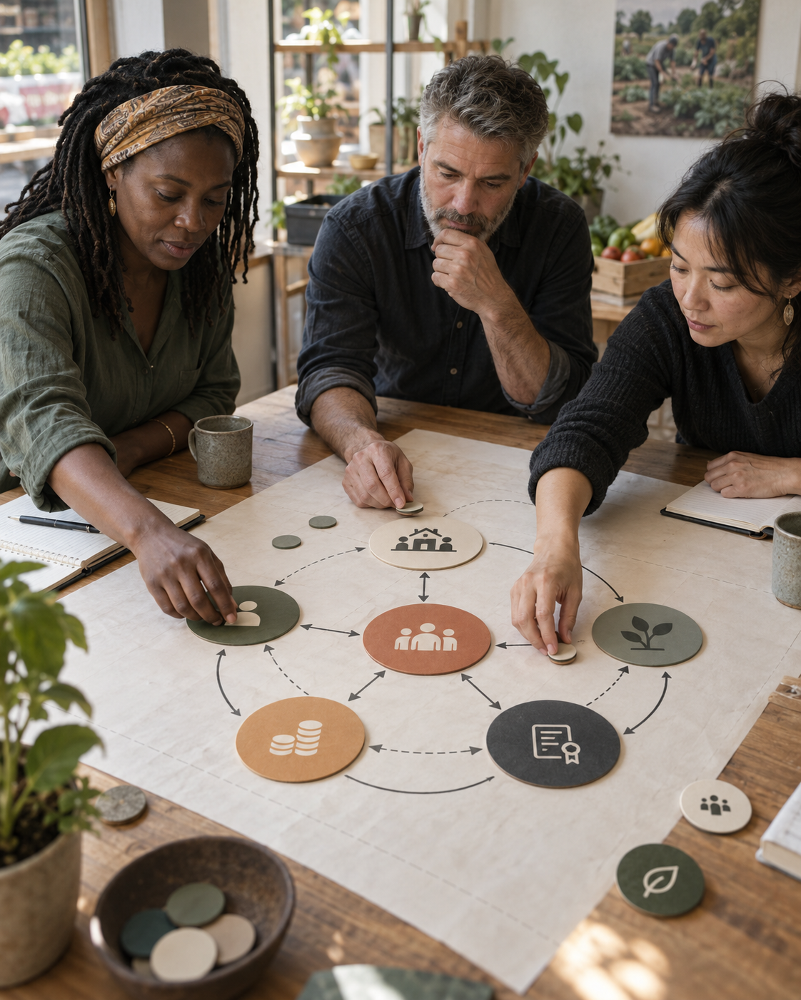 Three people are working on a project with paper tokens on a table, connecting icons representing community, finances, agriculture, and sustainability. They are indoors with natural light and a garden visible through the window.