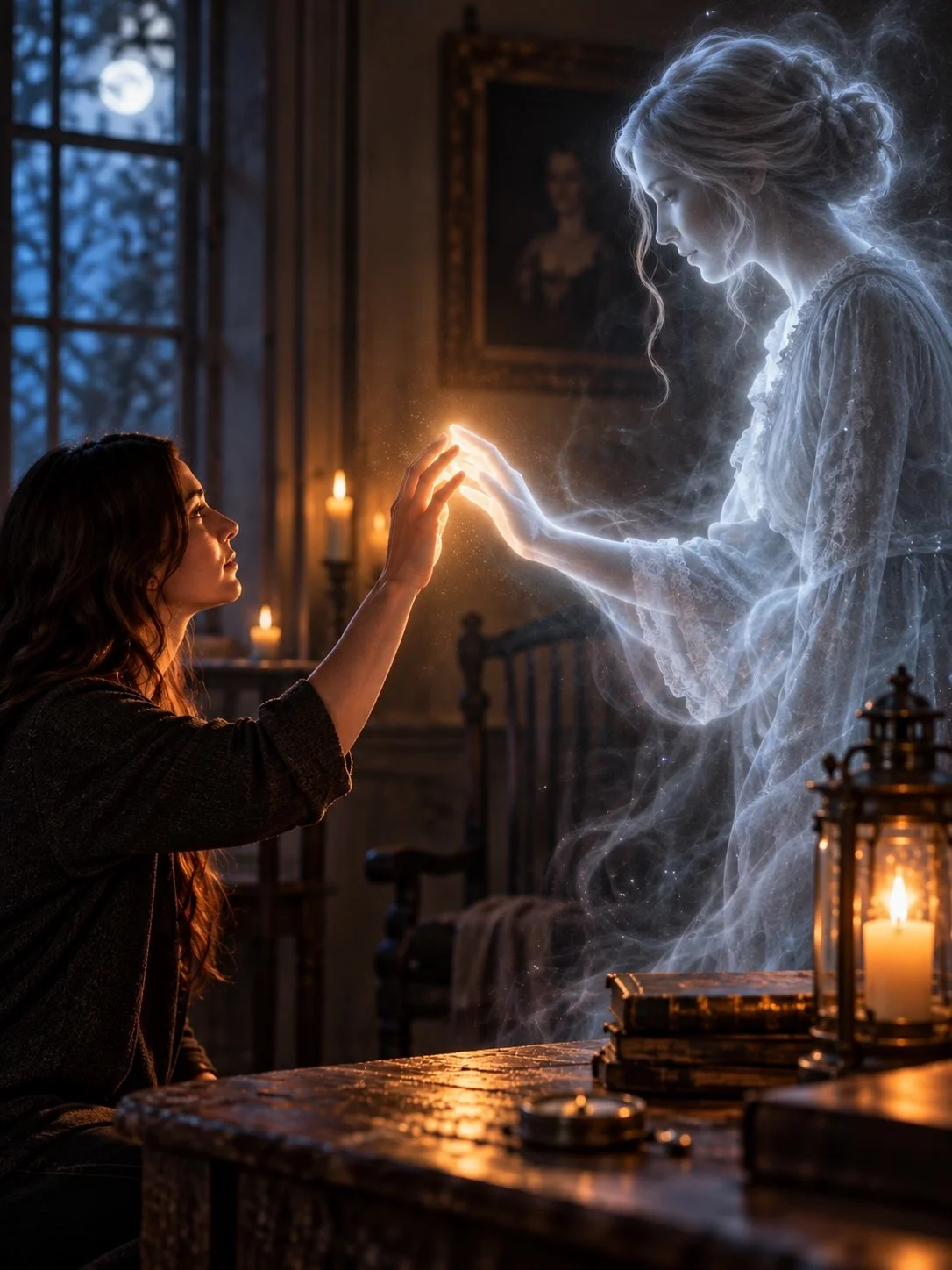 A woman with long dark hair reaching out toward a translucent, glowing, angelic figure in a vintage-styled room with candles, a window showing moonlight, and a portrait on the wall.