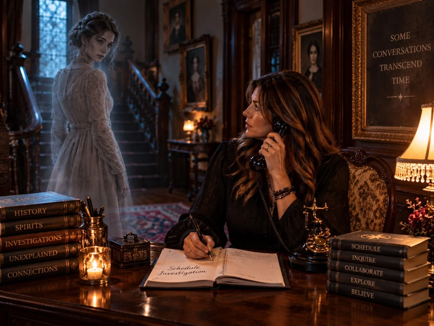 Client scheduling a paranormal investigation for her haunted home as a ghostly figure appears in the background.