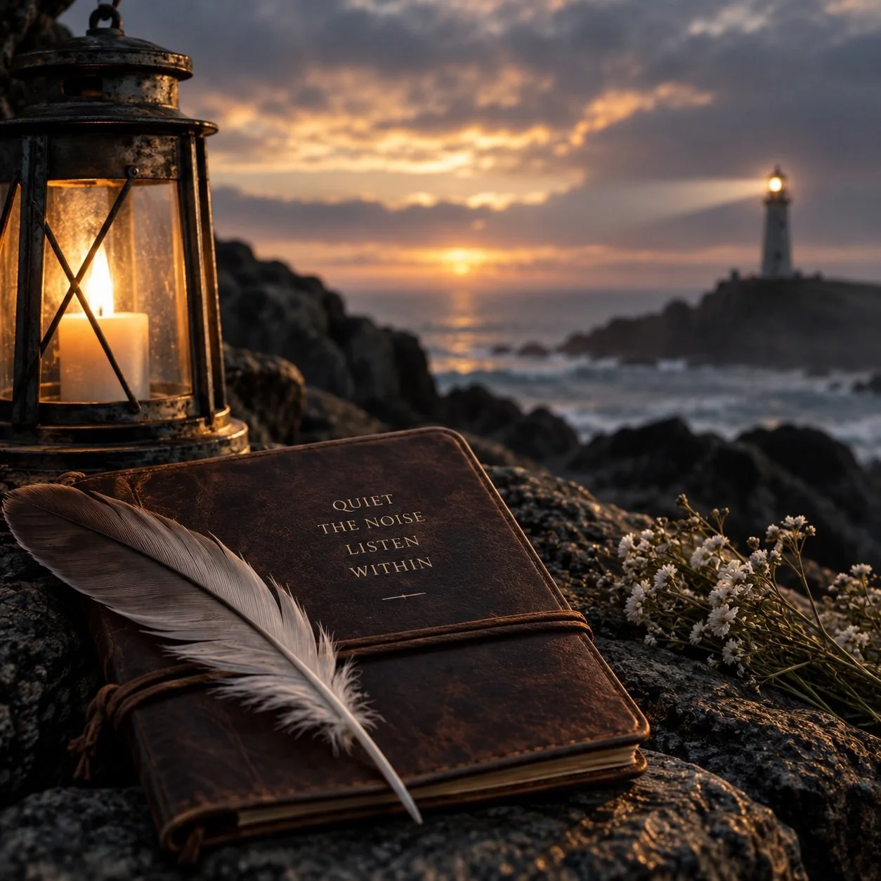 A journal titled "Quiet the Noise, Listen Within" with a feather on top, a lit candle inside a lantern, a bouquet of white flowers, and a lighthouse in the distance at sunset over the ocean.