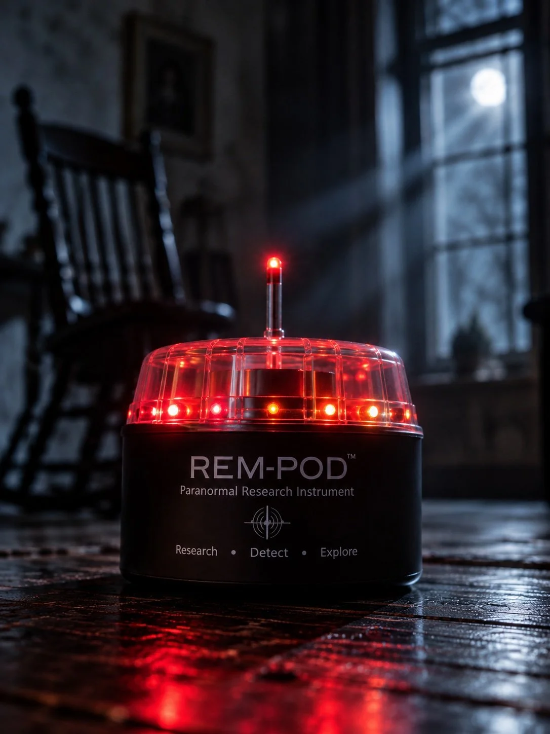 A black and red REM-POD paranormal research instrument with a red LED light on top, placed on a wooden floor inside a dimly lit room with a large window and a wooden chair in the background.