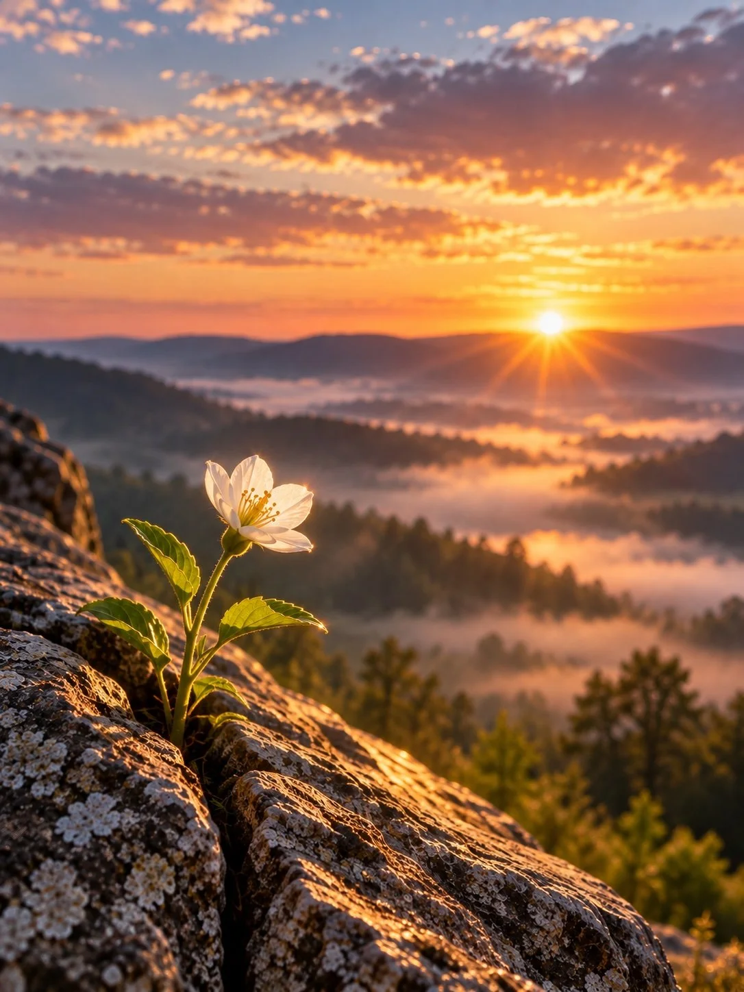 A white flower growing between rocky terrain with a mountainous landscape at sunrise, with clouds and mist over the valleys.