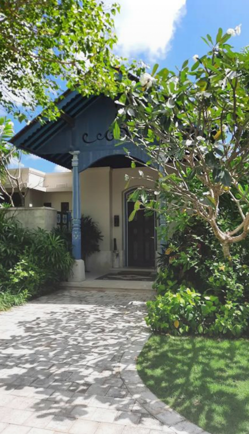 Front view of a house entrance with a driveway, lush greenery, and a tree with white flowers in a sunny setting.
