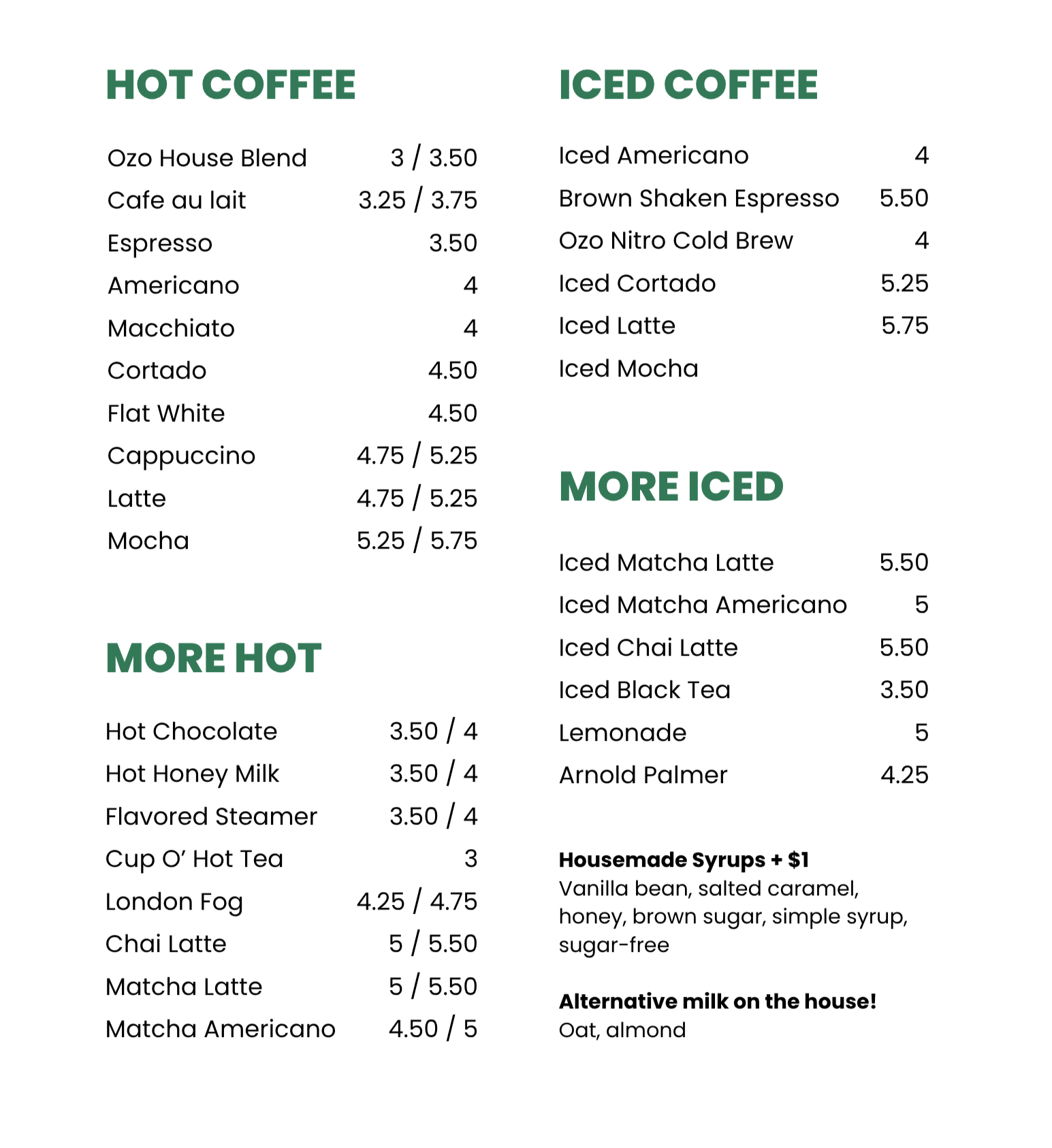 Menu listing various hot and iced coffee drinks, with prices, also includes some tea options and housemade syrups.