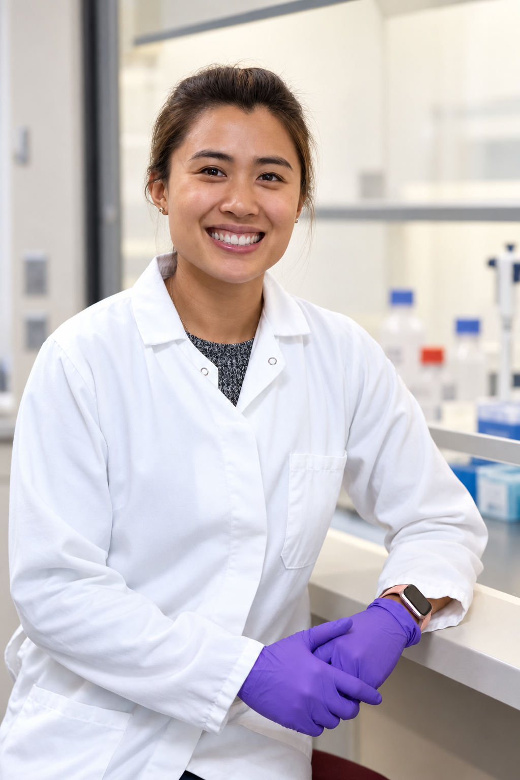 A smiling female scientist with dark hair tied back, wearing a white lab coat, purple gloves, and a smartwatch, seated in a laboratory with scientific equipment and supplies in the background.