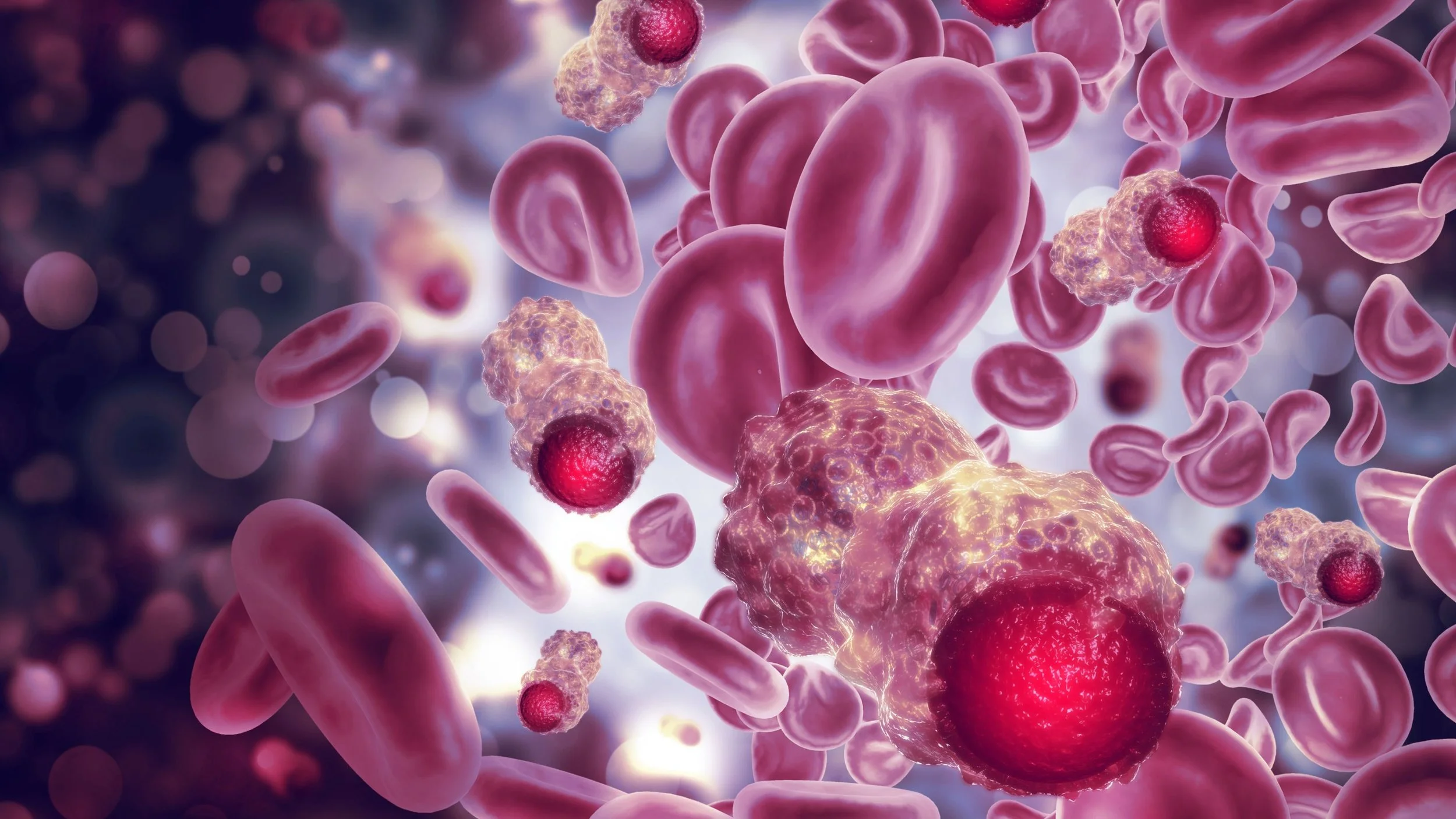 A digital illustration showing a close-up view of blood cells, including red blood cells, white blood cells, and various microscopic particles in a vibrant, colorful scene.