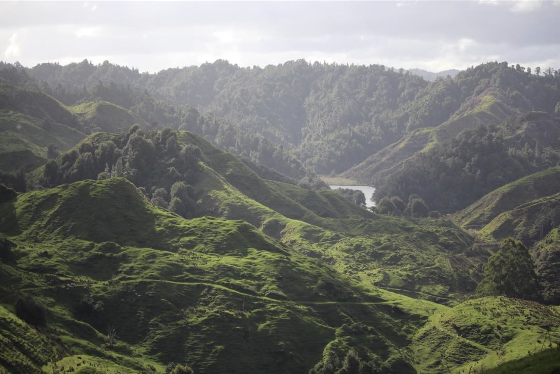 Lush green rolling hills and forested mountains surrounding a small winding lake under a cloudy sky