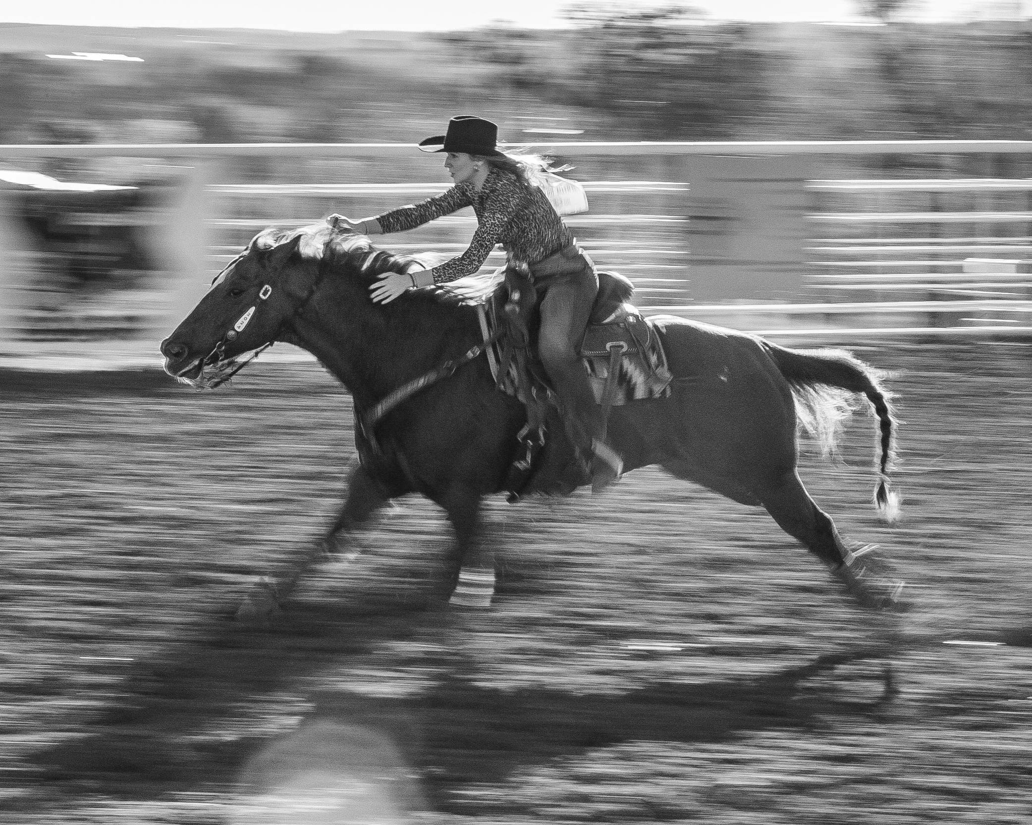A woman riding a horse at full gallop, wearing a hat and patterned shirt, with a background of blurred motion.
