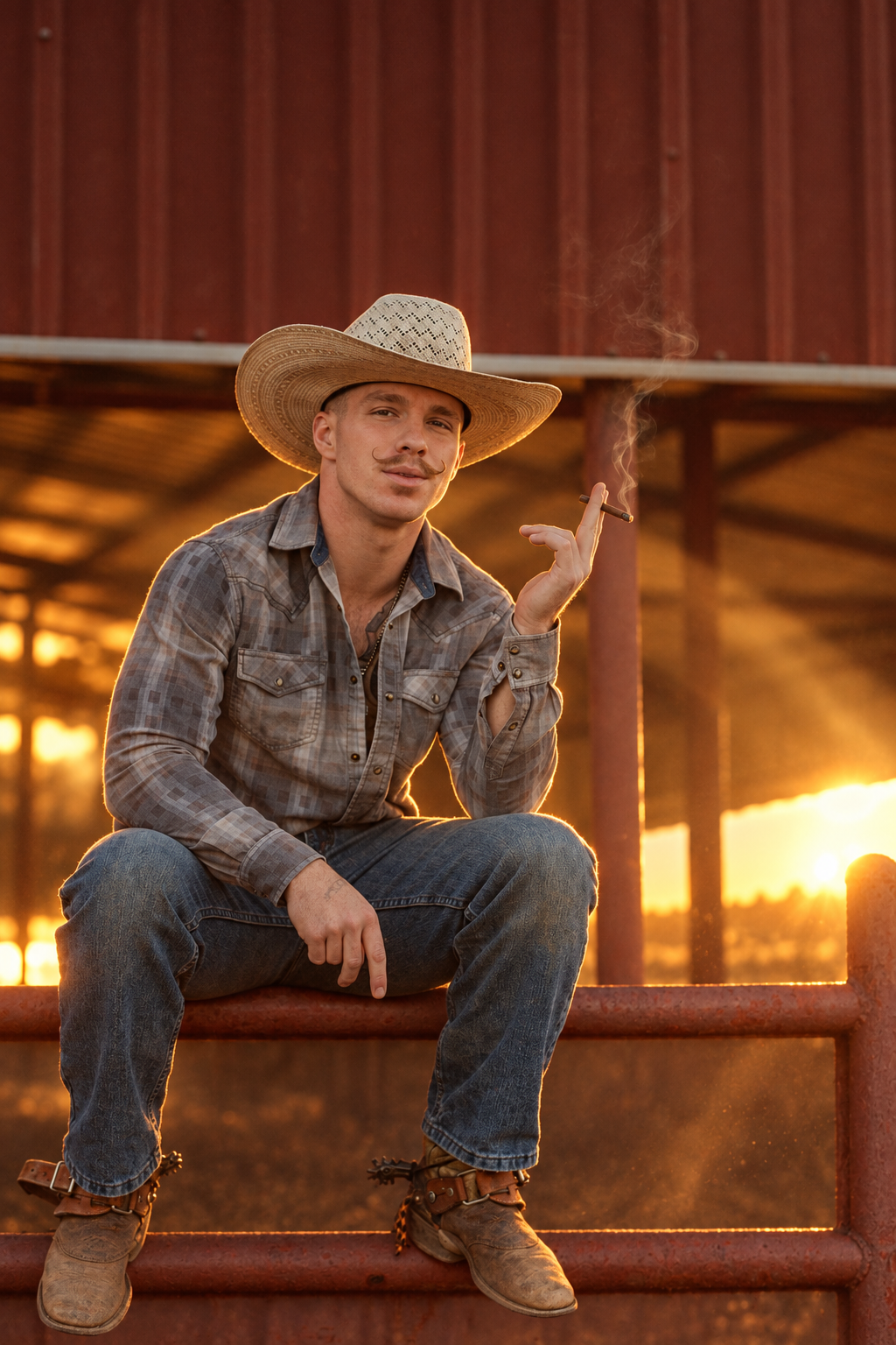 A young man with a cowboy hat and a plaid shirt sitting on a fence during sunset, holding a cigar.