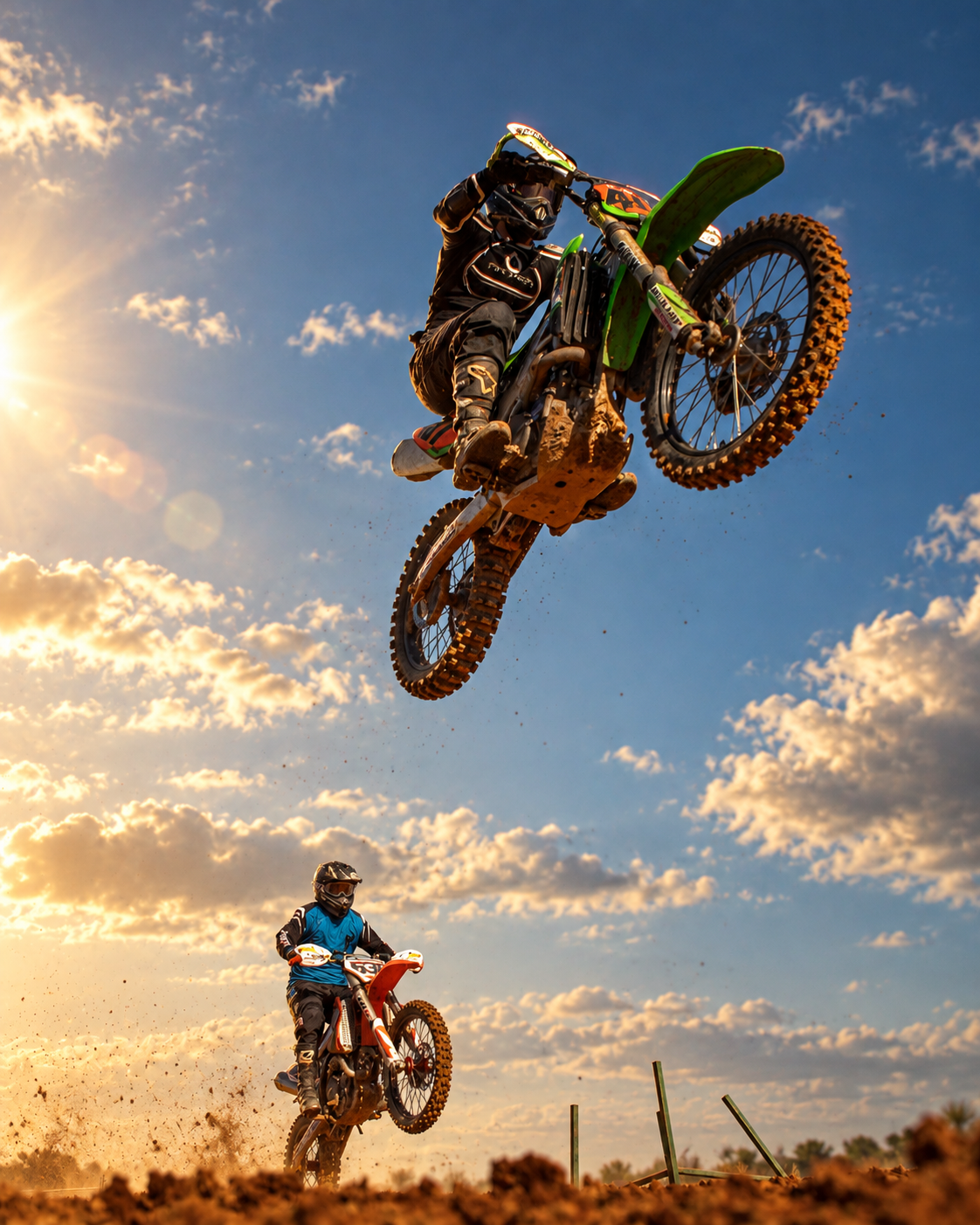 Two motocross riders in mid-air jumps on dirt bikes during a race at sunset with a cloudy sky.