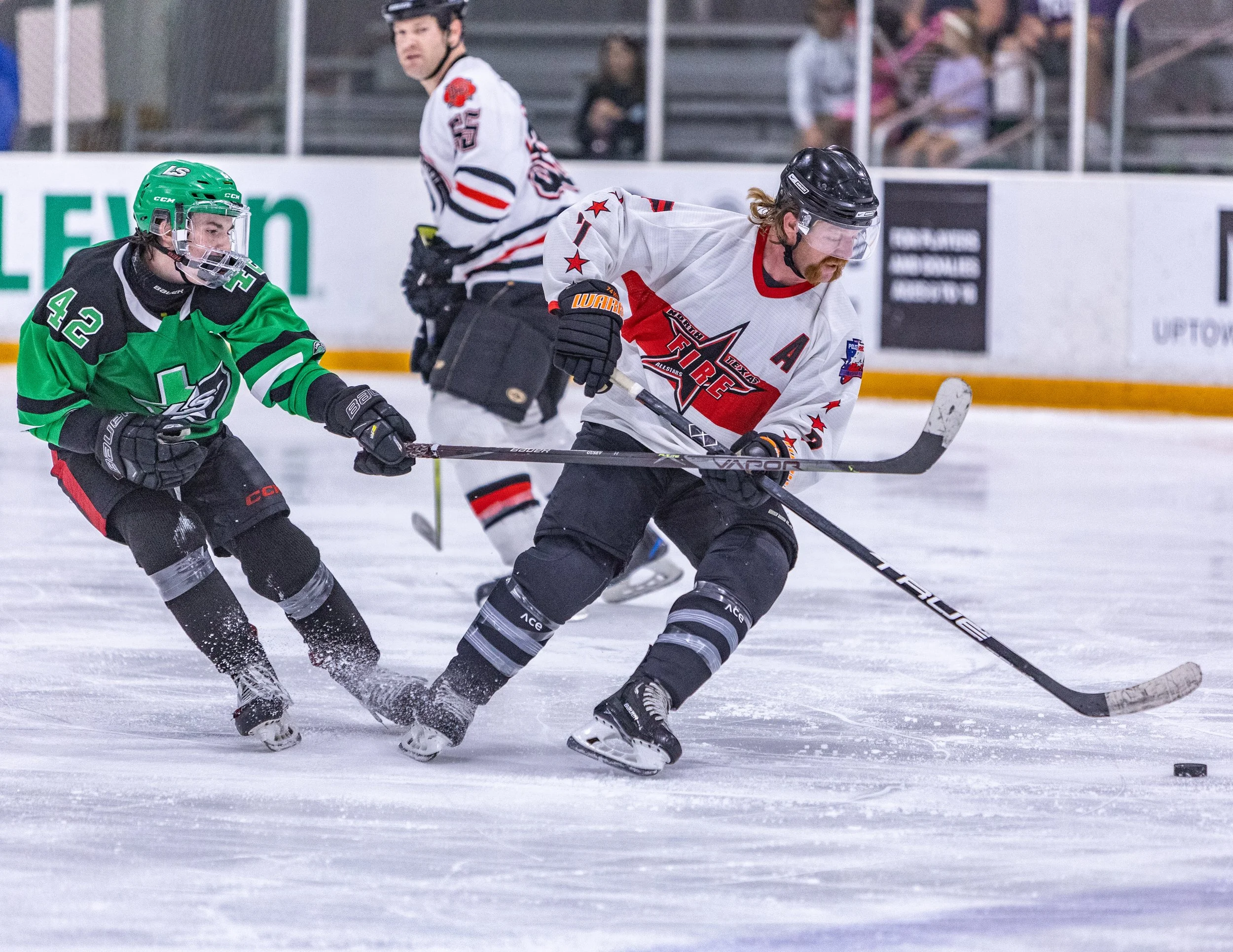 Two hockey players, one in a green uniform and the other in white with red and black details, compete for puck on ice rink with an audience in the background.