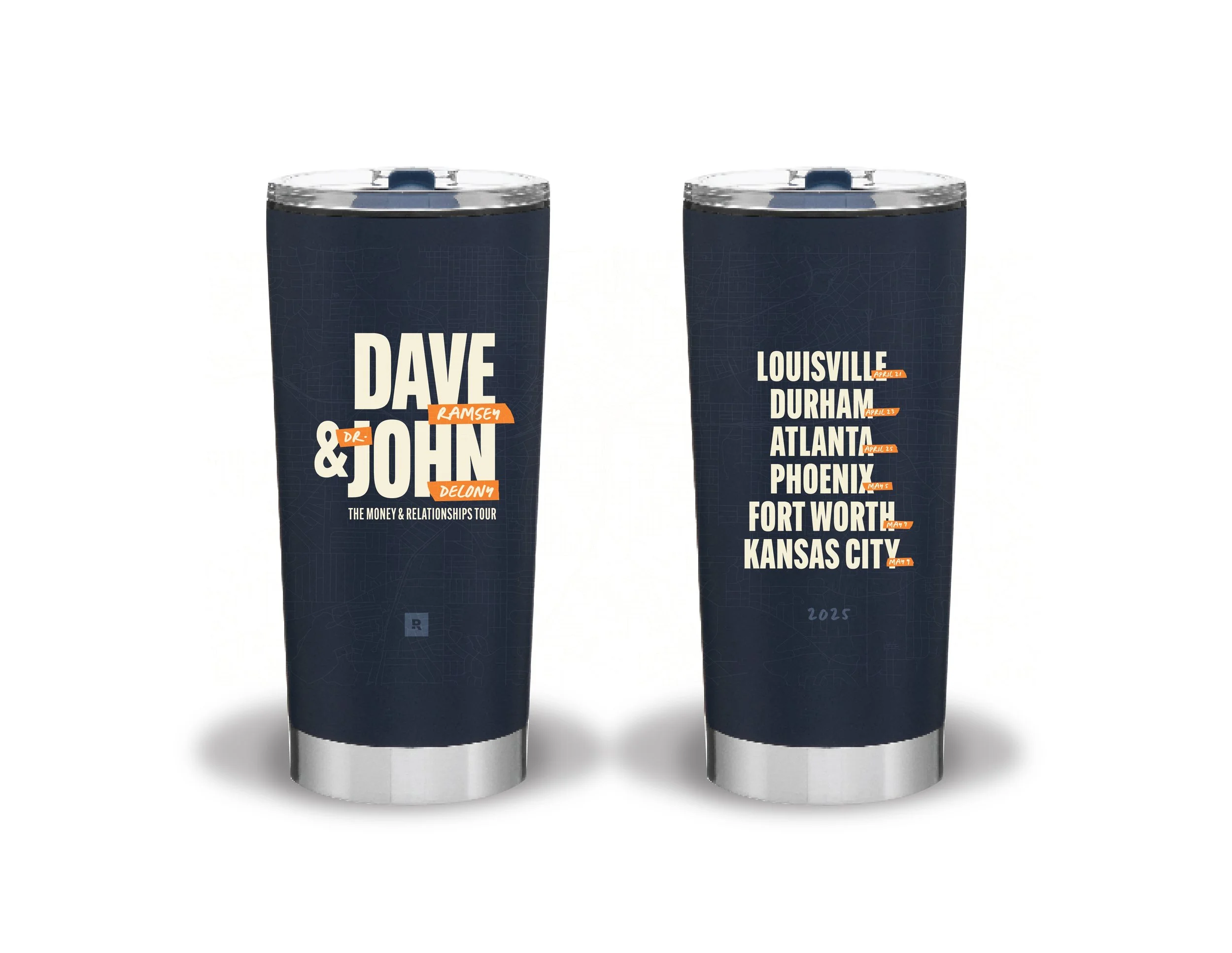 Two dark blue travel tumblers with city maps and text listing various U.S. cities and dates.