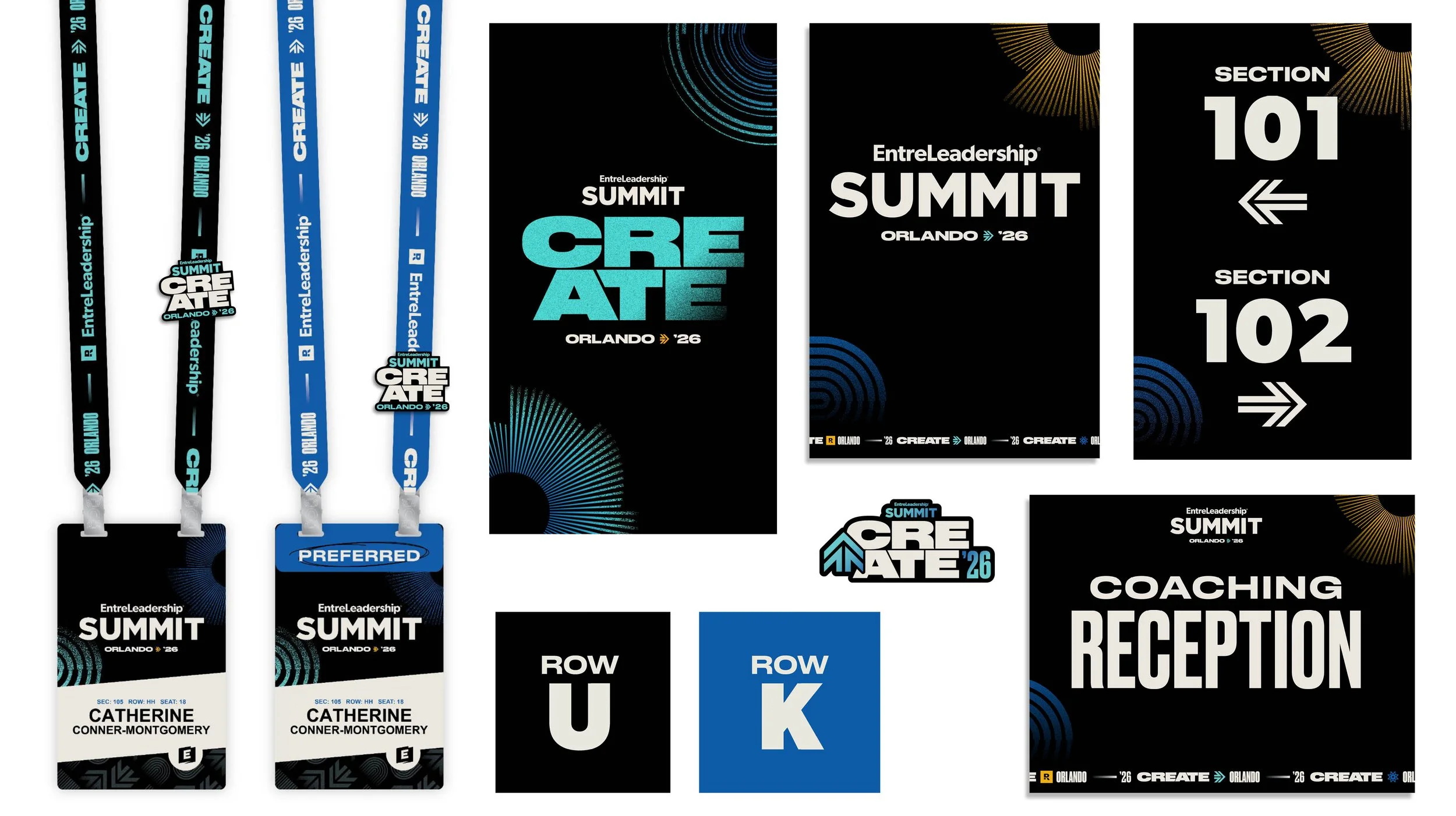 Event badges, lanyards, enamel pin, themed sticker, and conference signage for the EntreLeadership Summit 2026 in Orlando, featuring graphics, section labels, and attendee information.