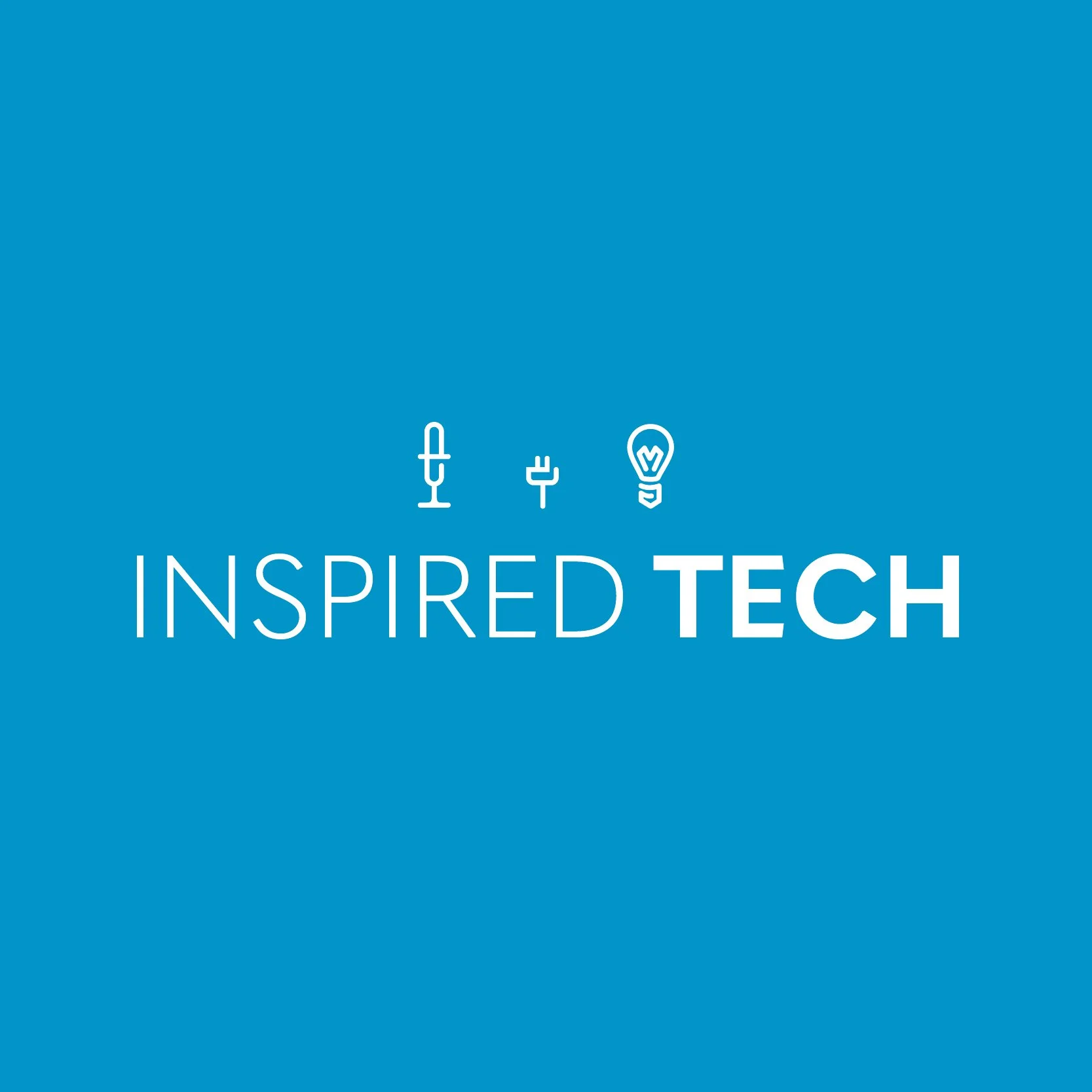 Blue background with white icons of a podcast microphone, a plug, and a lightbulb, and the text 'Inspired Tech'.