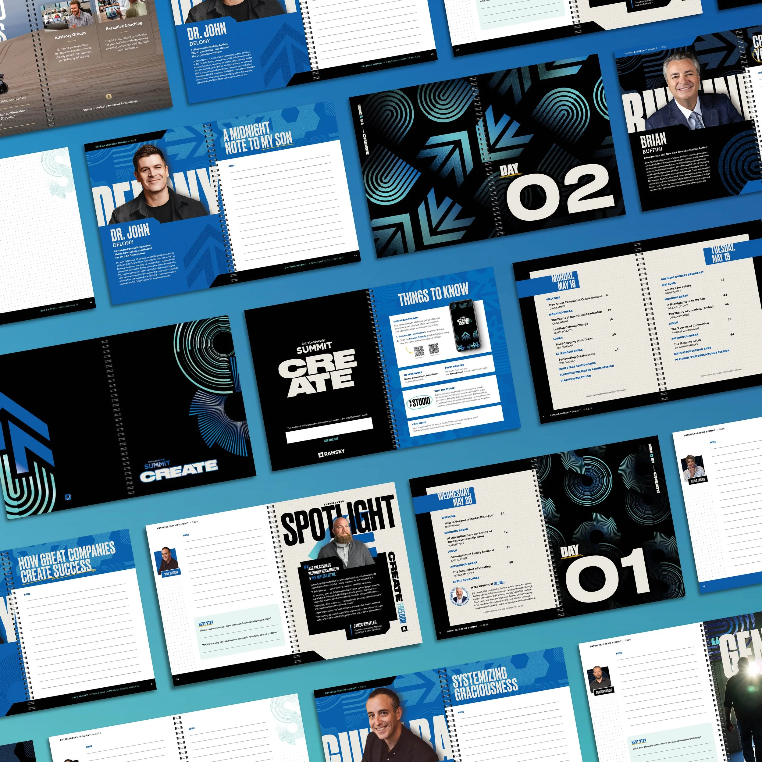 Different layouts from the EntreLeadership Summit Create workbook, featuring speakers and topics related to business leadership, success, and creativity, displayed on a blue background.