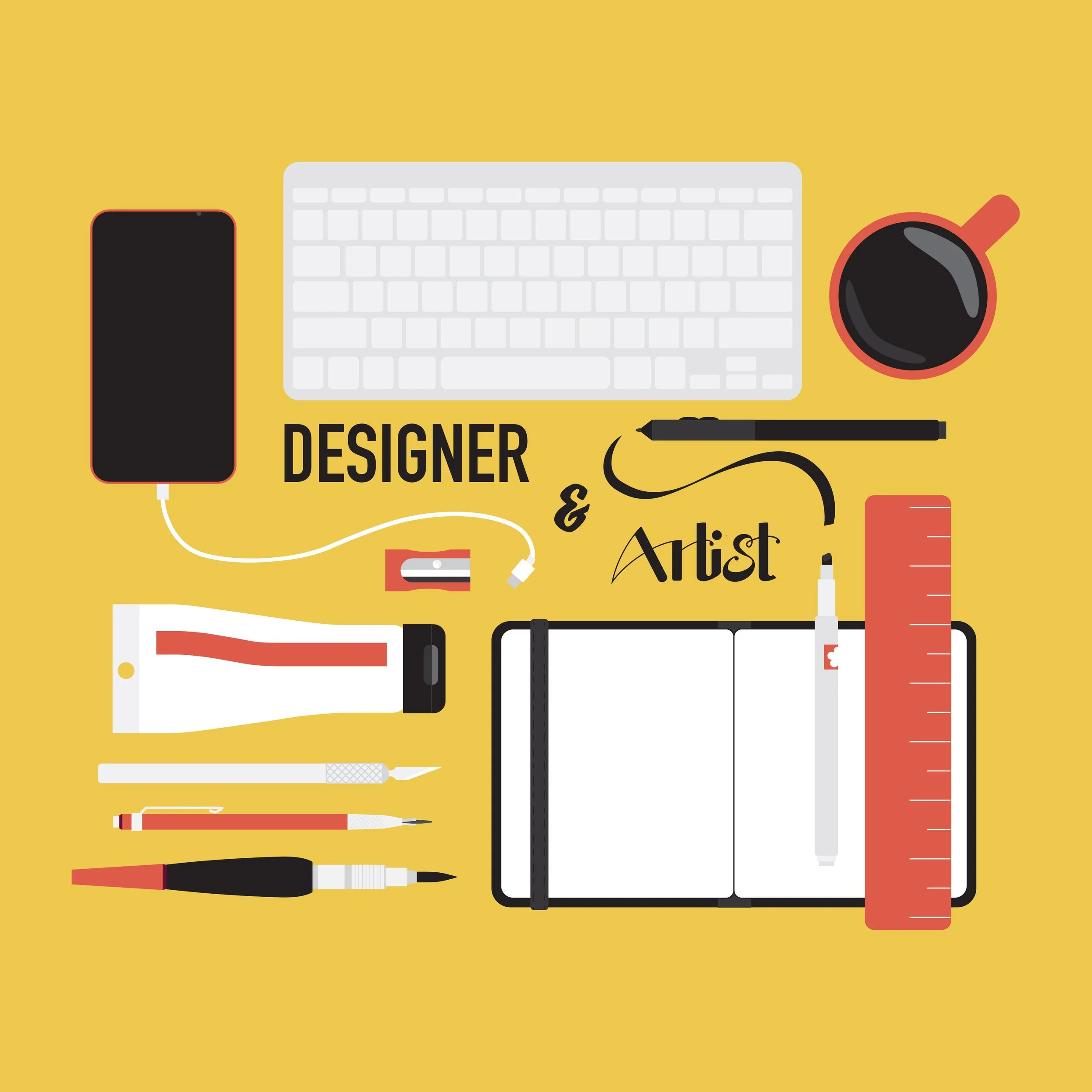 A flat illustration of a workspace with a smartphone, keyboard, notebook, and various pens, markers, and a ruler on a yellow background.