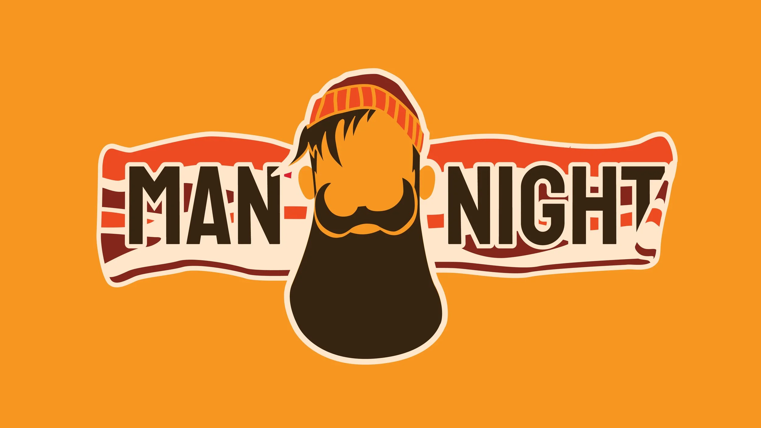 Graphic illustration of a man with a beard and wearing a striped beanie, on top of a slice of bacon that reads 'MAN NIGHT' against an orange background.