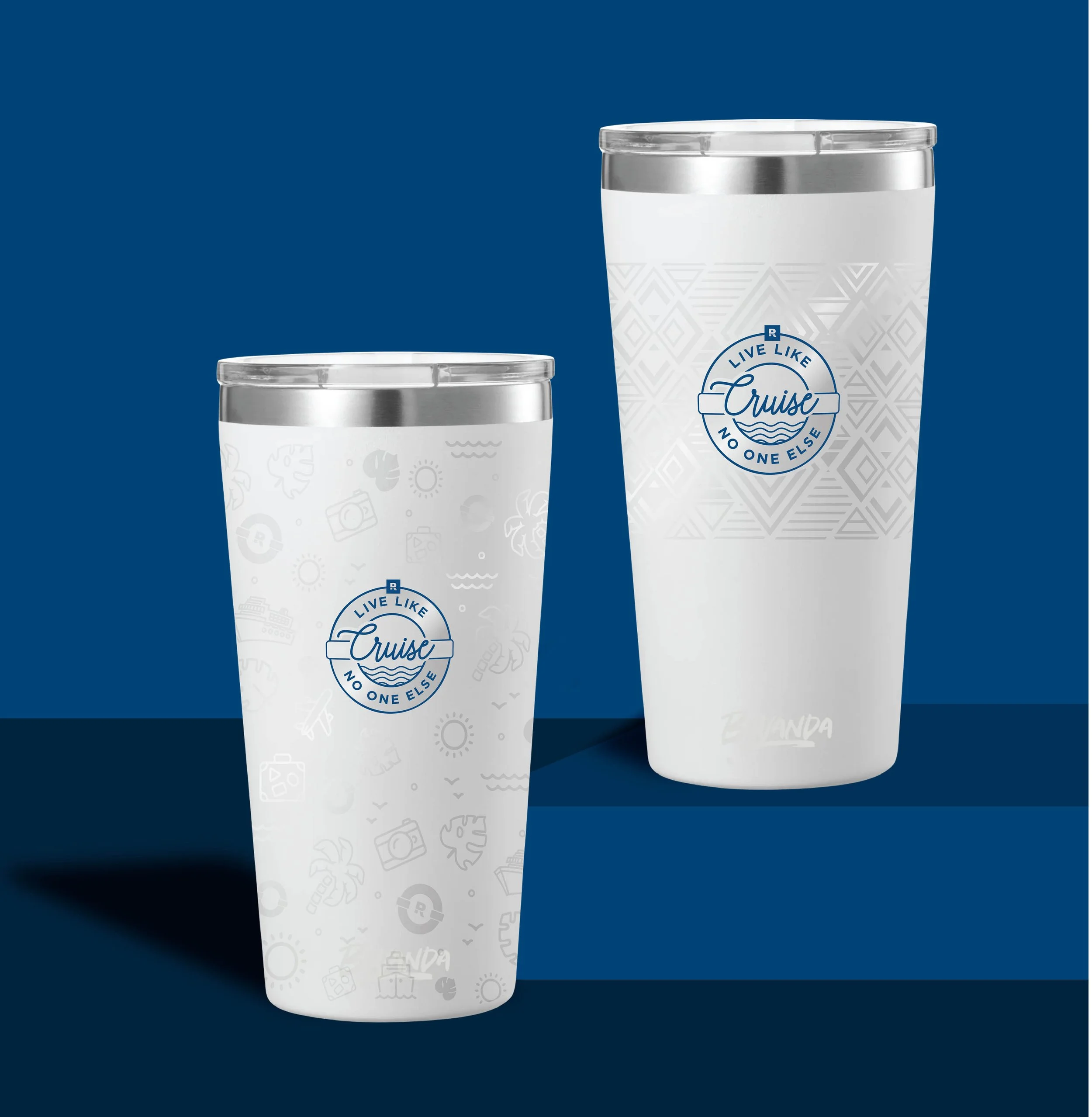 Two different travel mugs with cruise branding, set against a blue background.