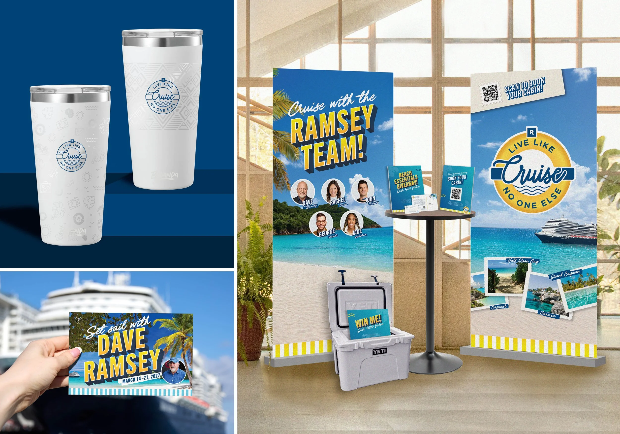 Promotional items for a cruise with Dave Ramsey, including a flyer, a brochure, and a promotional contest box, all featuring beach and cruise themes.