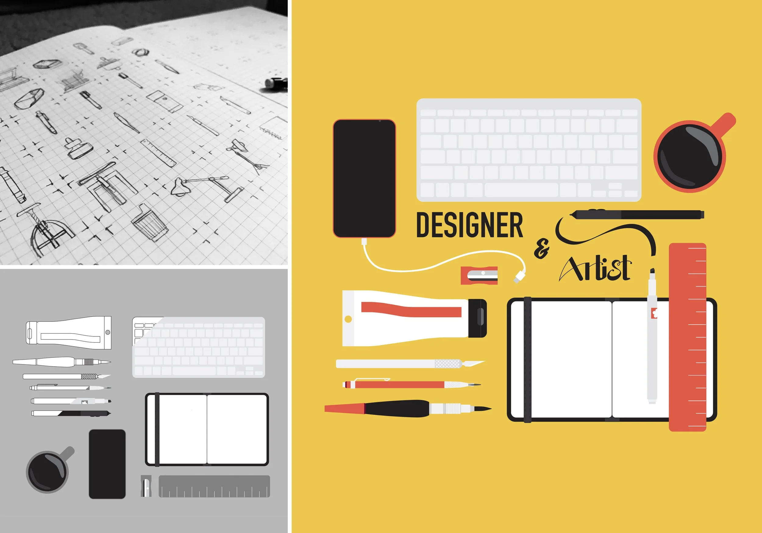Comparison of two digital illustrations of a designer's workspace. The left side shows a black-and-white sketch of various design tools on graph paper. The right side displays a colorful digital vector illustration of a workspace with a phone, keyboard, pen, markers, a coffee mug, and a note pad, with the words 'Designer & Artist'.