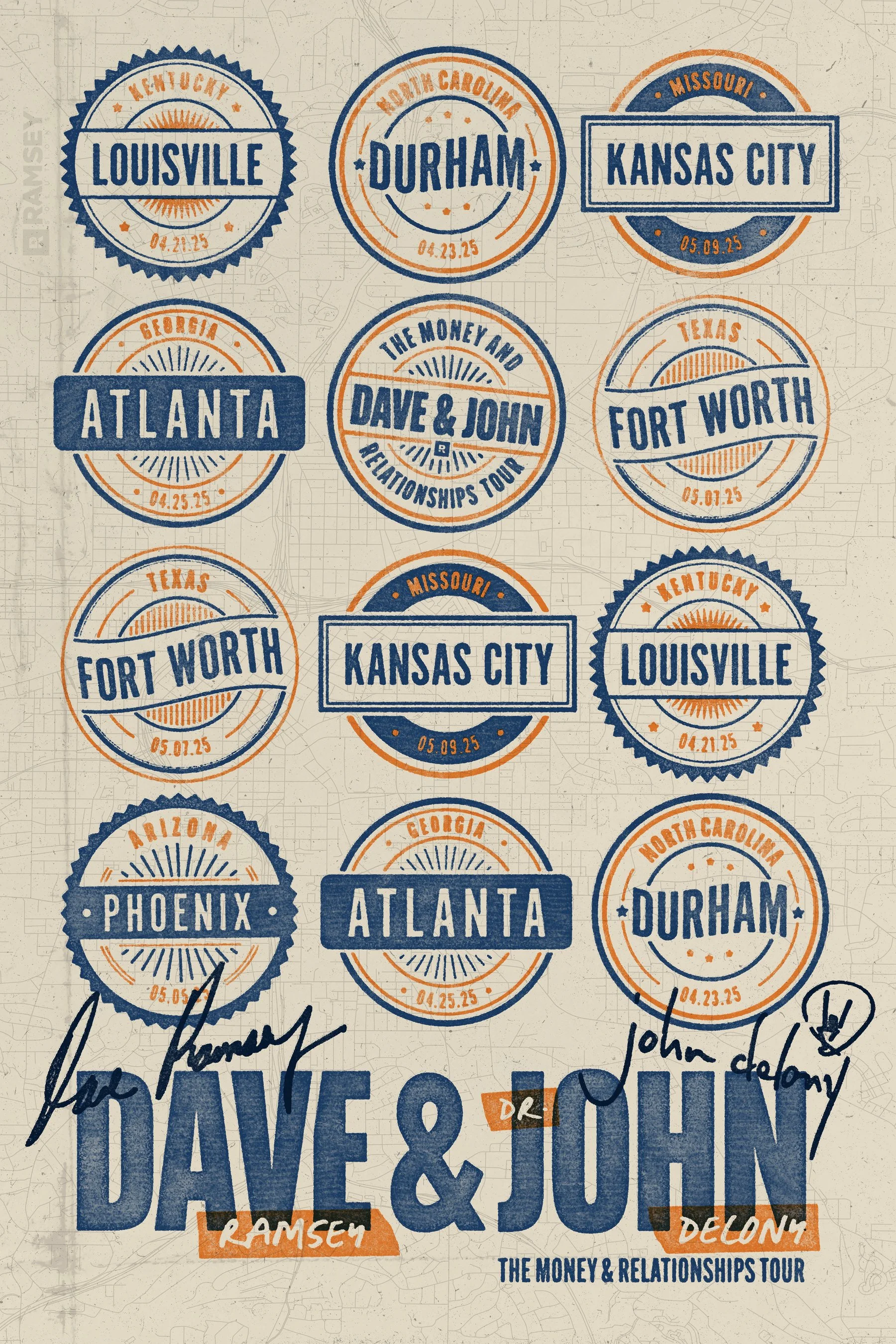 A collection of circular and rectangular logos for different cities and locations, styled with orange and blue colors. Each logo includes the city name and a date, with some mentioning a relationship tour.