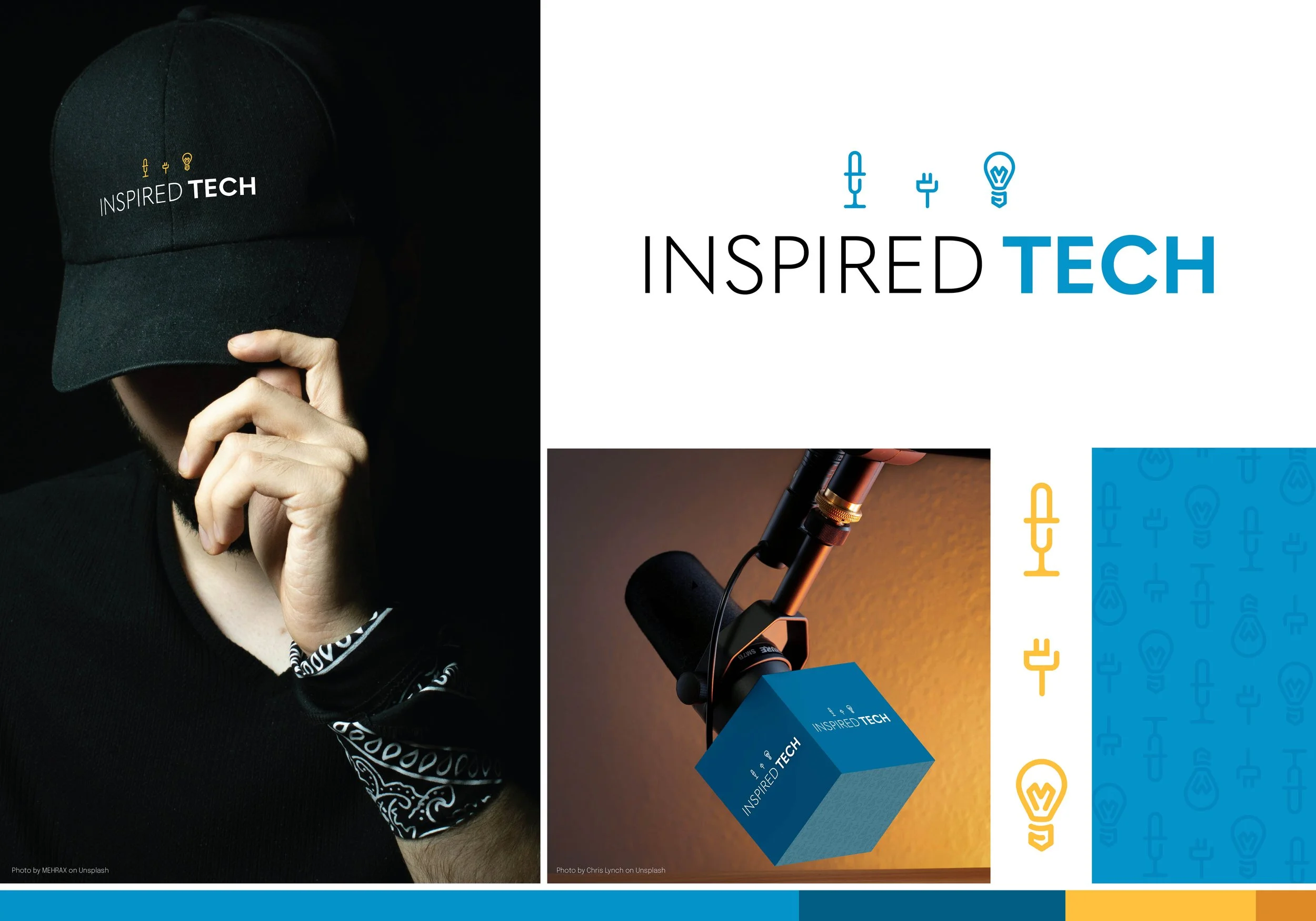 A person wearing a black cap with "INSPIRED TECH" logo, holding it with one hand. The image also shows a logo for "INSPIRED TECH" with icons of a microphone, electrical plug, and light bulb, and a close-up of a microphone with a blue and yellow background.