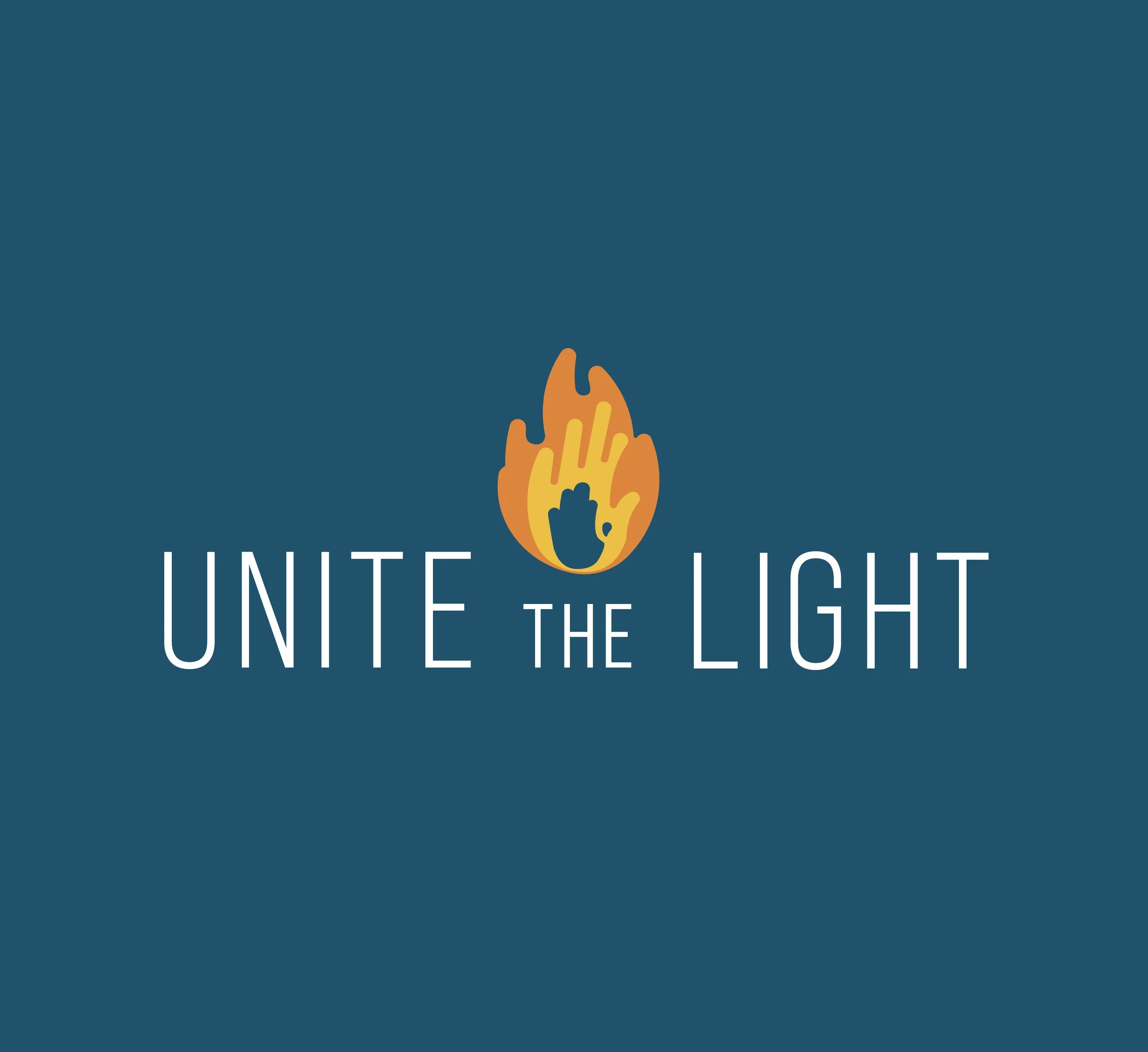 A stylized flame graphic above the text 'Unite the Light' on a dark blue background.