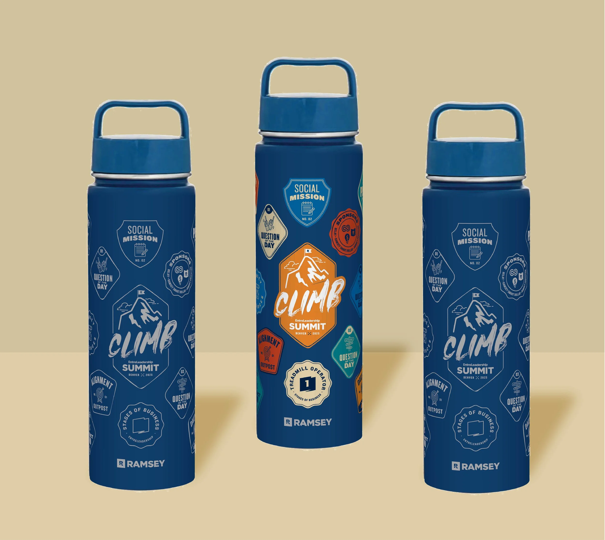 Three blue water bottles with caps that have a handle on top, featuring labels and branding for the Ramsey company and the Summit event, arranged on a beige background.