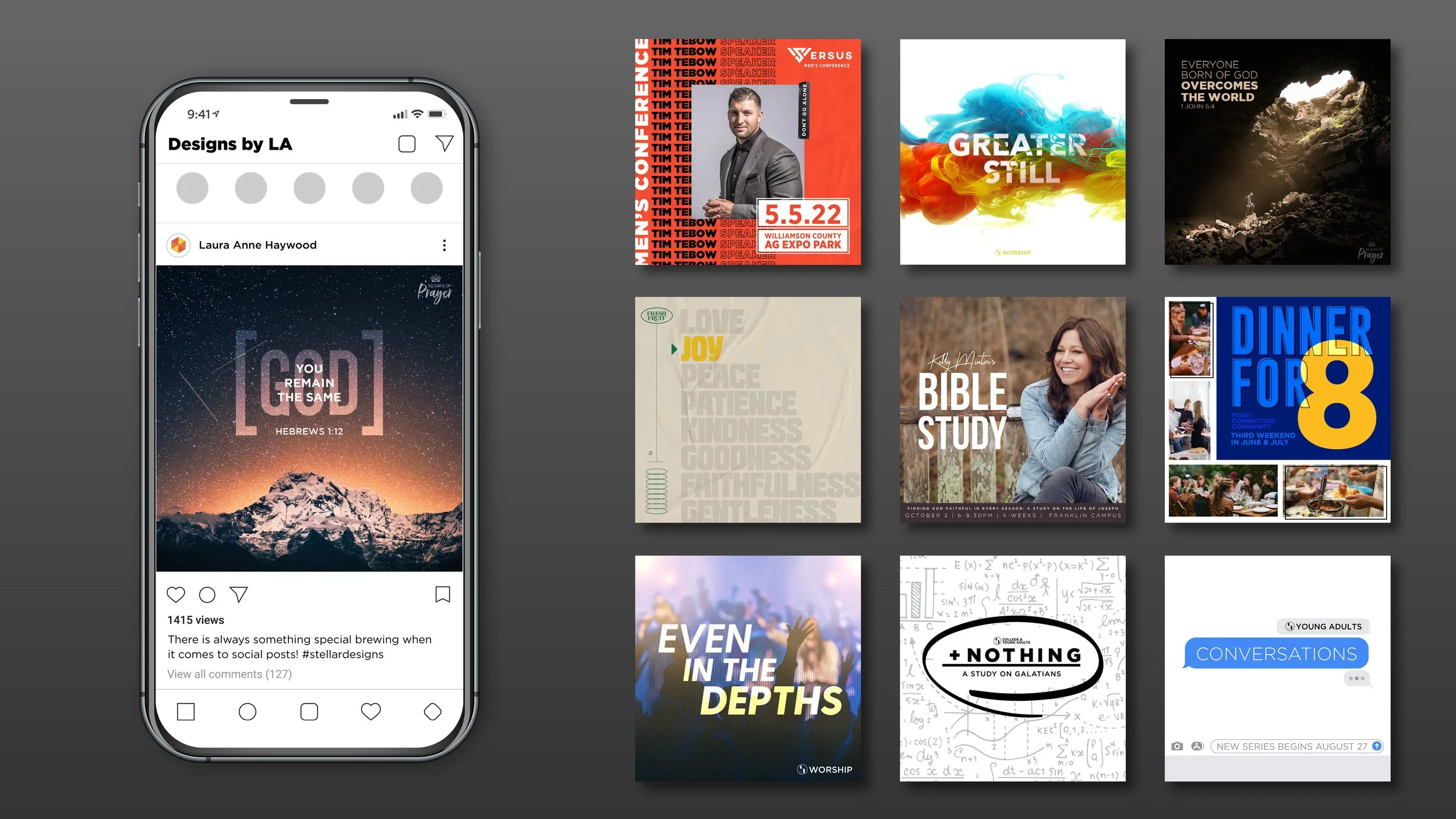 A collection of social media posts with various themes, including motivational quotes, religious messages, and event details, displayed behind a smartphone showing an Instagram post.