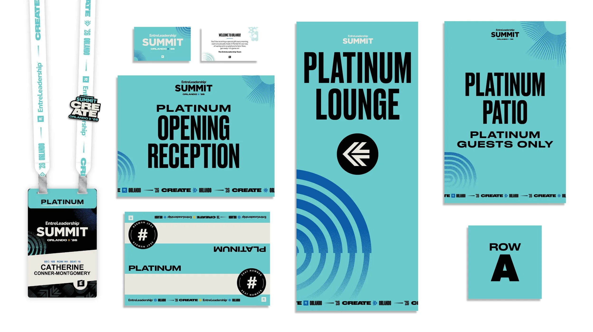 Event badges, tickets, and signs for the Platinum tier of EntreLeadership Summit in Orlando, 2026, with attendees' names and seating information, featuring blue and black designs with geometric patterns.