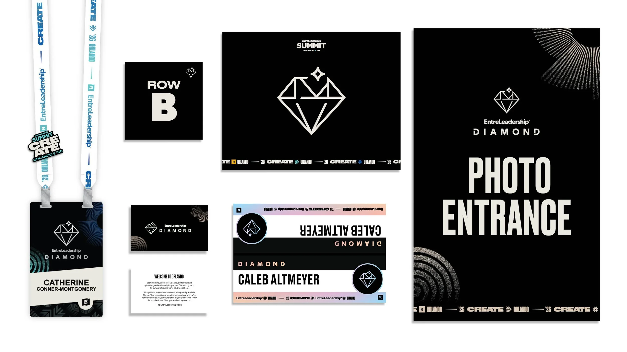 Event badges, lanyards, and signs for the Diamond tier of EntreLeadership Summit in Orlando, featuring a diamond logo, with text about registration, photo entrance, and attendee names.